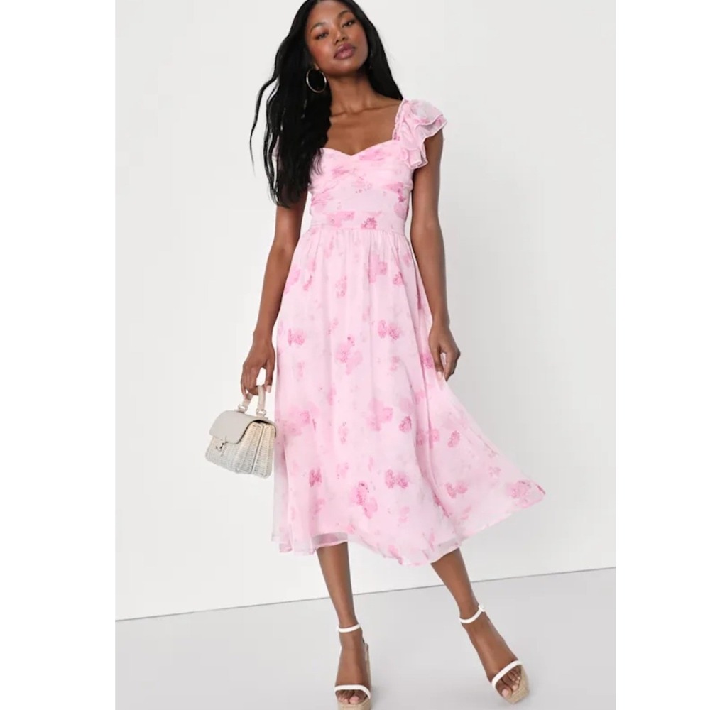 Lulus Loveliest Darling Light Pink Floral Ruffled Tie Back Midi Dress XS NWT